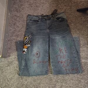 Ed Hardy Blue Jeans with Colorful Graphics